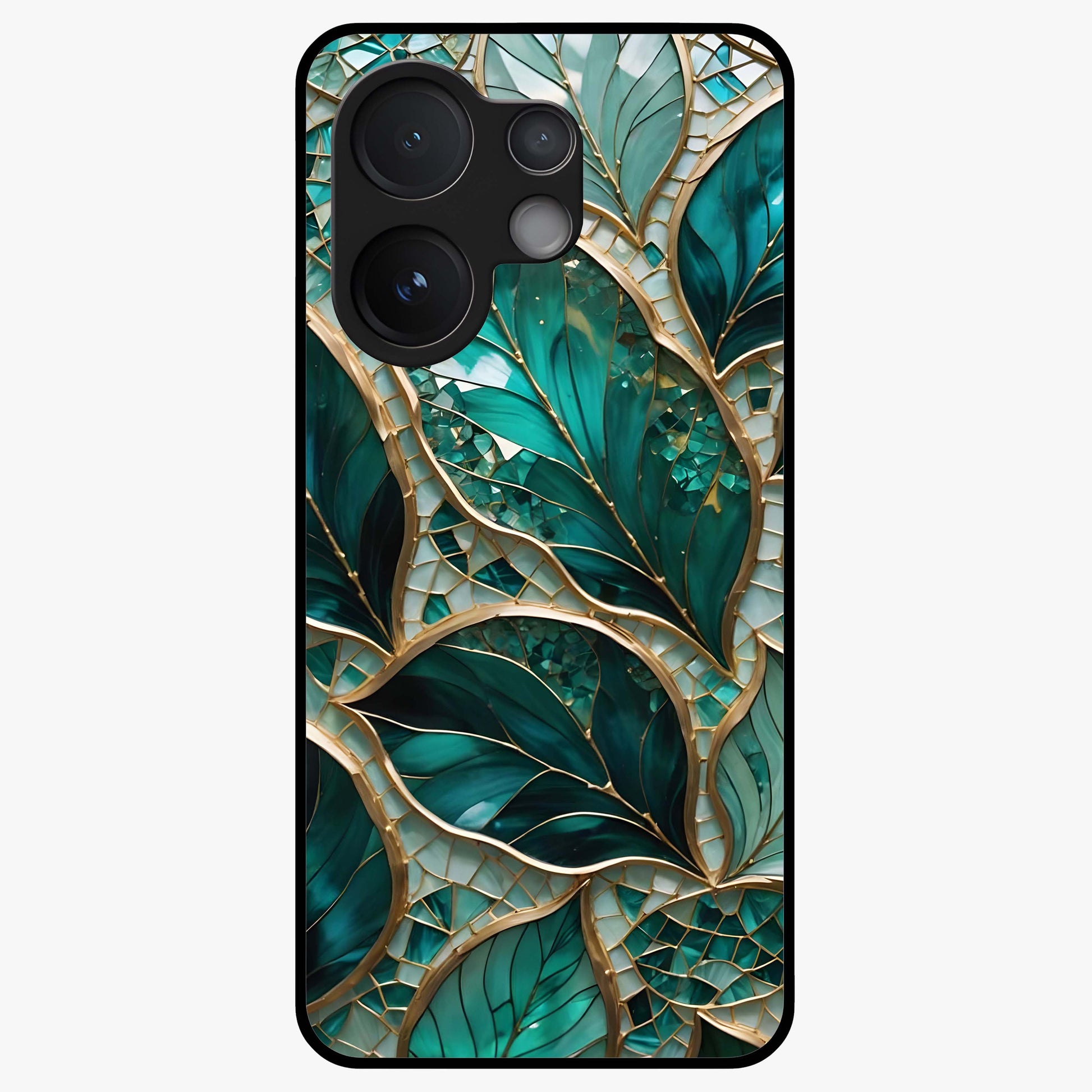 Emerald Leaf Glass Glass Case showing flat back view with emerald green leaf artwork and glossy glass finish.