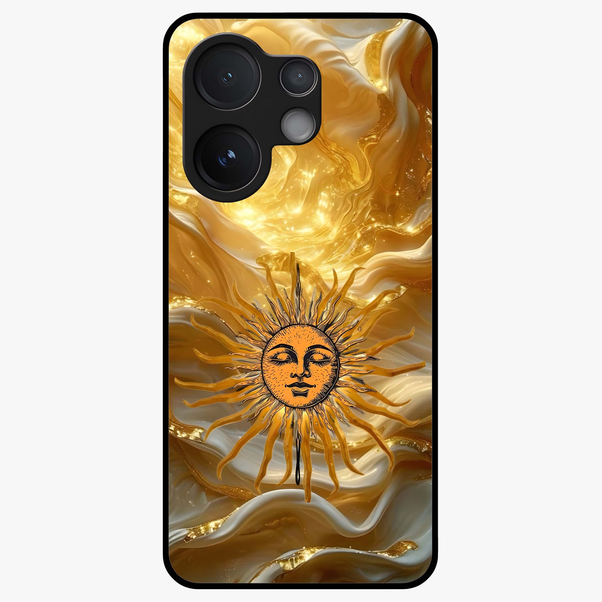 Eternal Golden Glow Glass Case showing flat back view with radiant golden themed artwork and glossy glass finish.