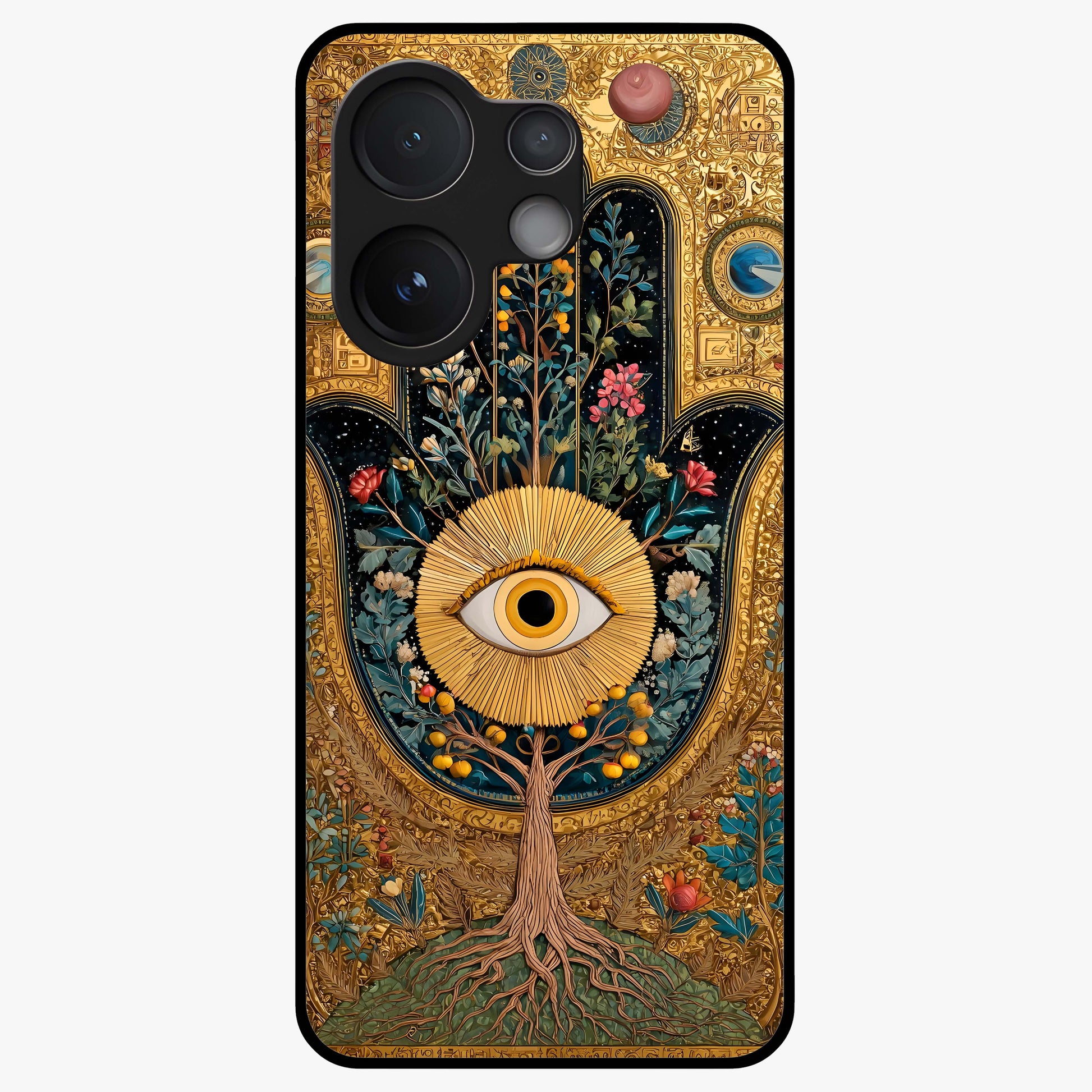 Ethereal Evil Eye Glass Case showing flat back view with mystical evil eye artwork and glossy glass finish.