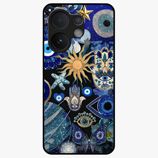 Evil Eye Charm Mix Glass Case showing flat back view with multiple evil eye charms artwork and glossy glass finish.