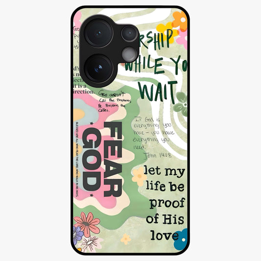Faith Over Fear Glass Case showing flat back view with motivational typography artwork and glossy glass finish.