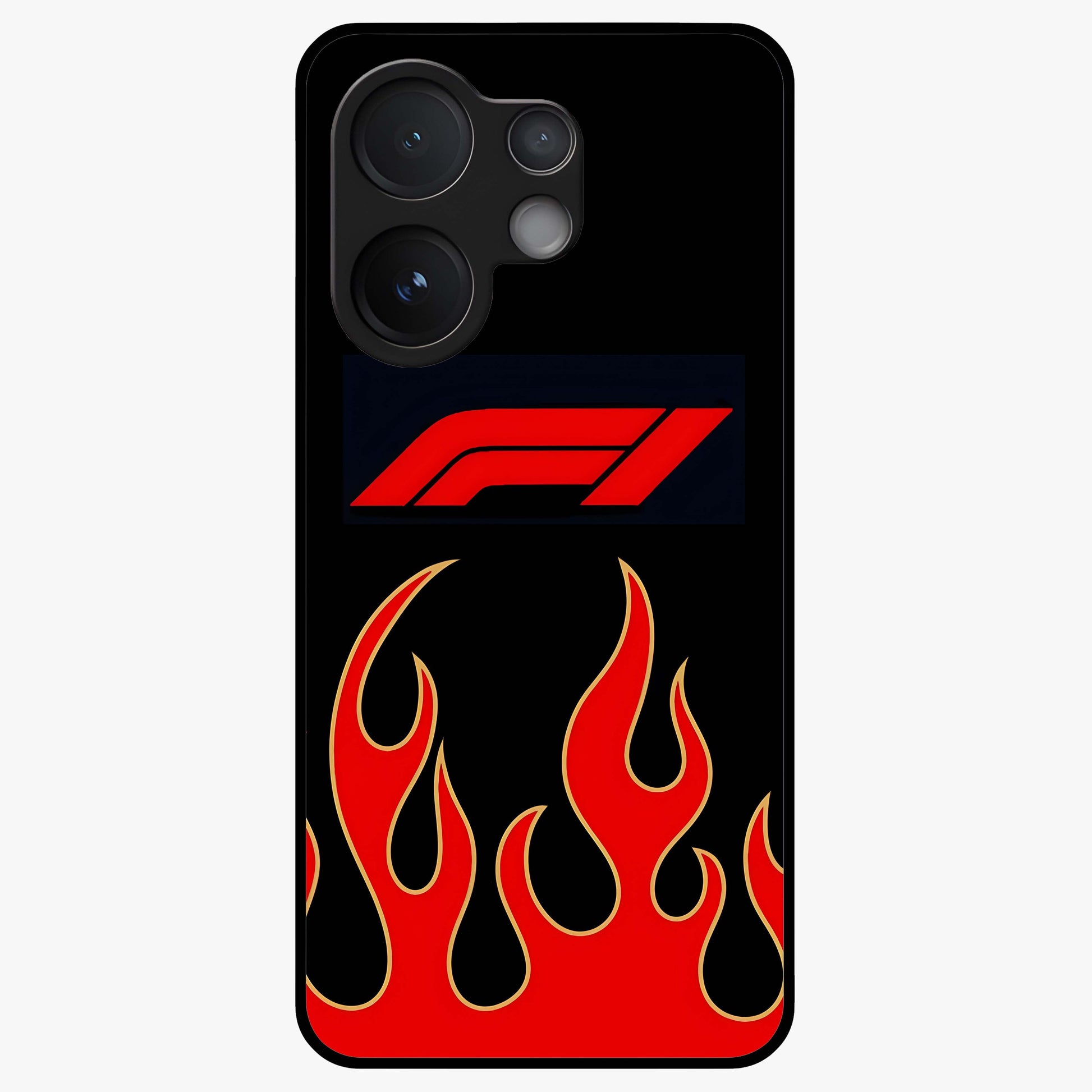 Fire F11 Glass Case showing flat back view with fiery themed artwork and glossy glass finish.