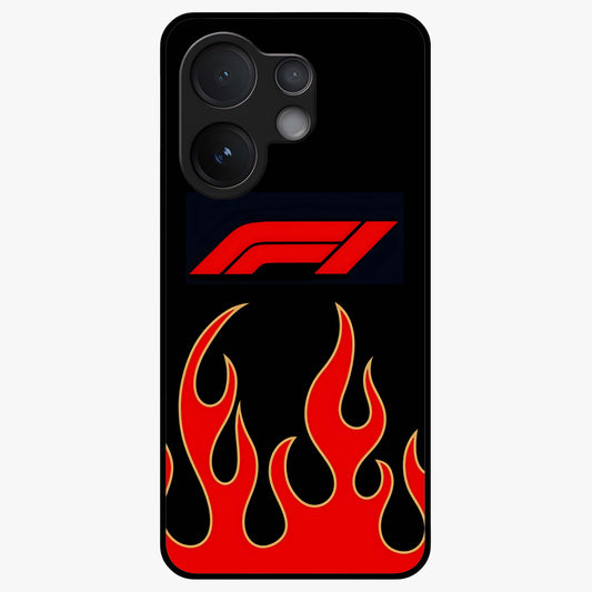 Fire F11 Glass Case showing flat back view with fiery themed artwork and glossy glass finish.