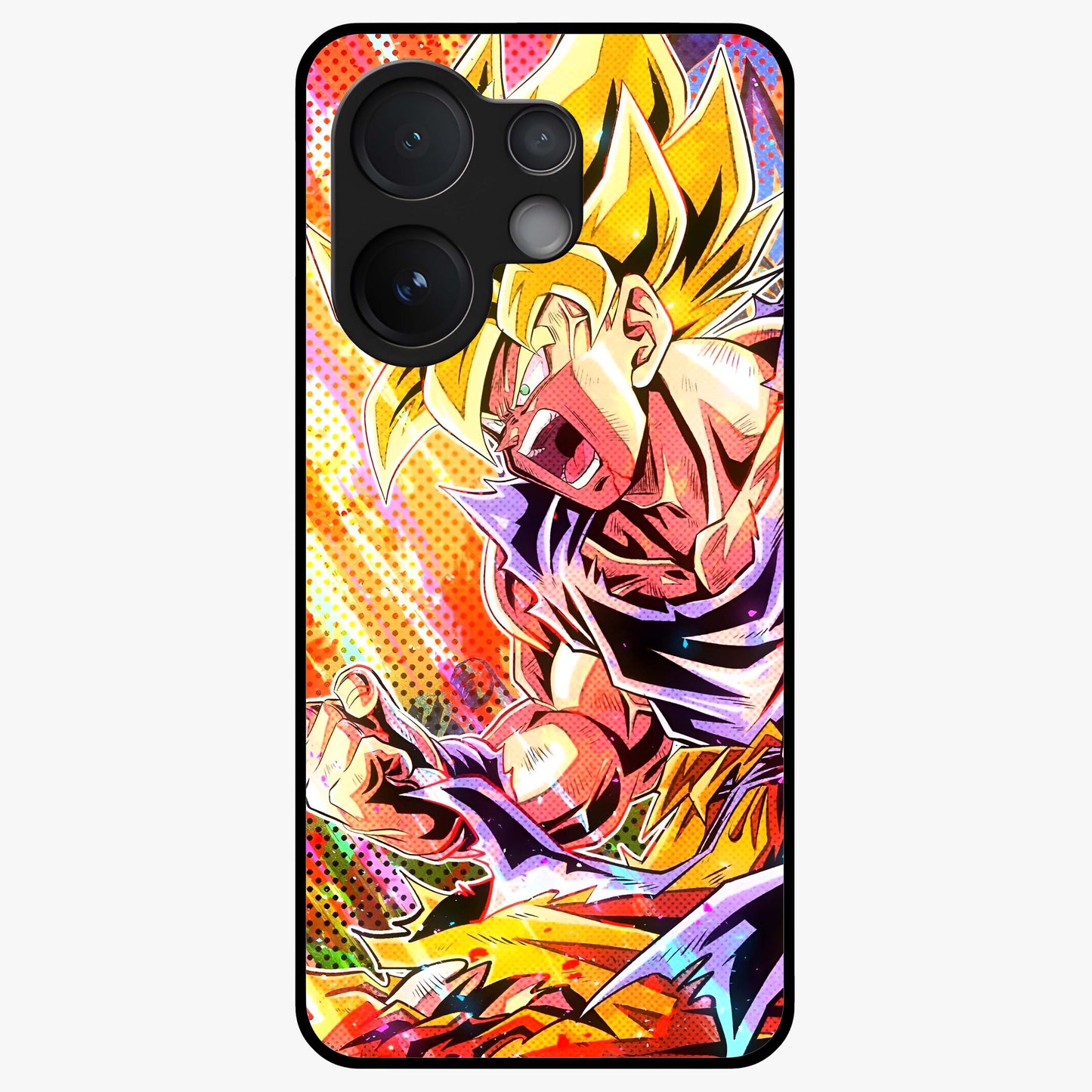 Firing Goku Glass Case showing flat back view with powerful anime inspired artwork and glossy glass finish.