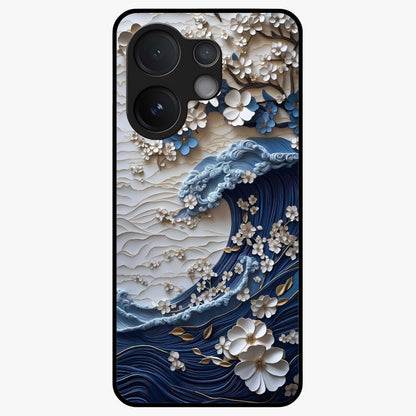 Floral Wave Origami Glass Case showing flat back view with origami inspired floral wave artwork and glossy glass finish.