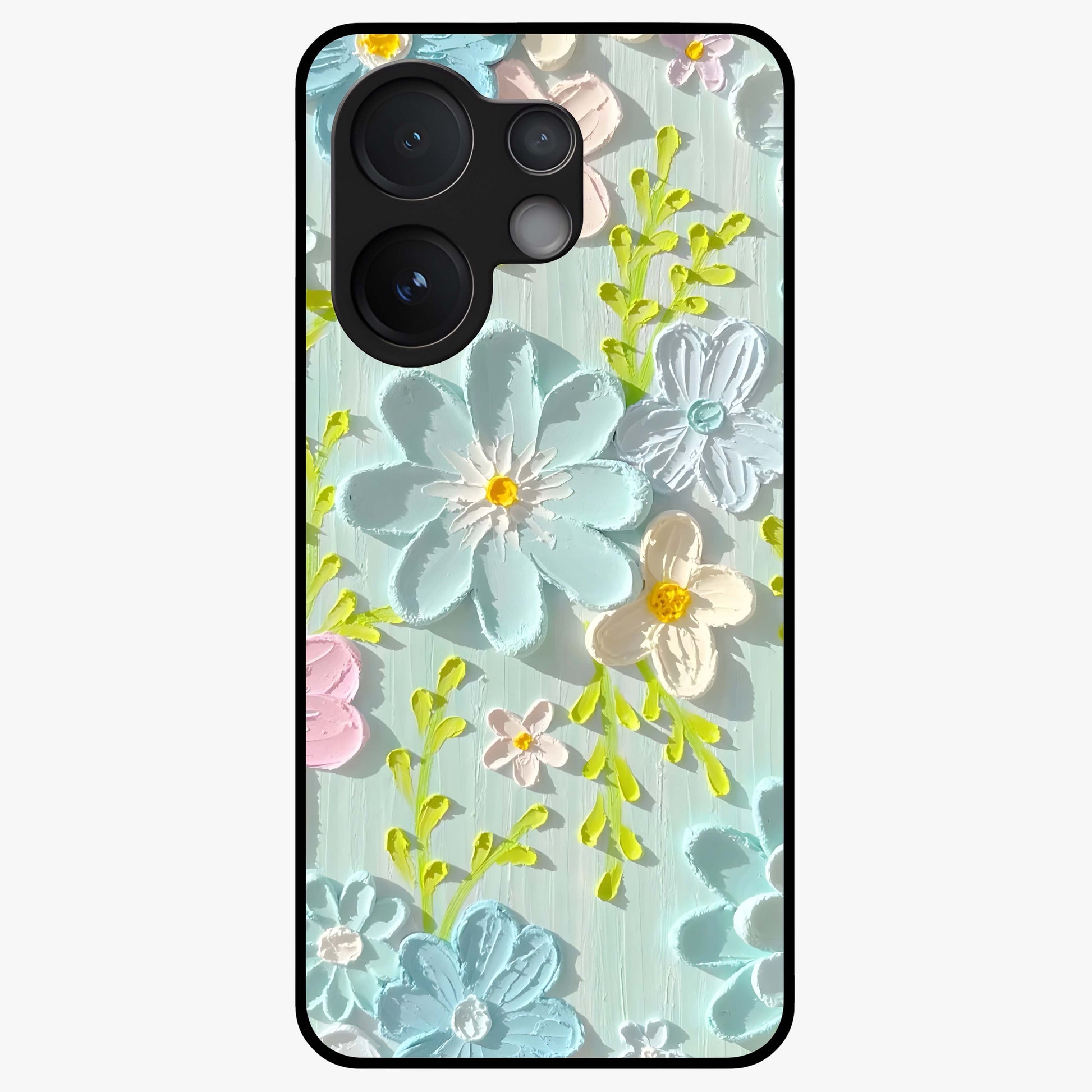 Frosted Petal Garden Glass Case showing flat back view with soft frosted floral artwork and glossy glass finish.