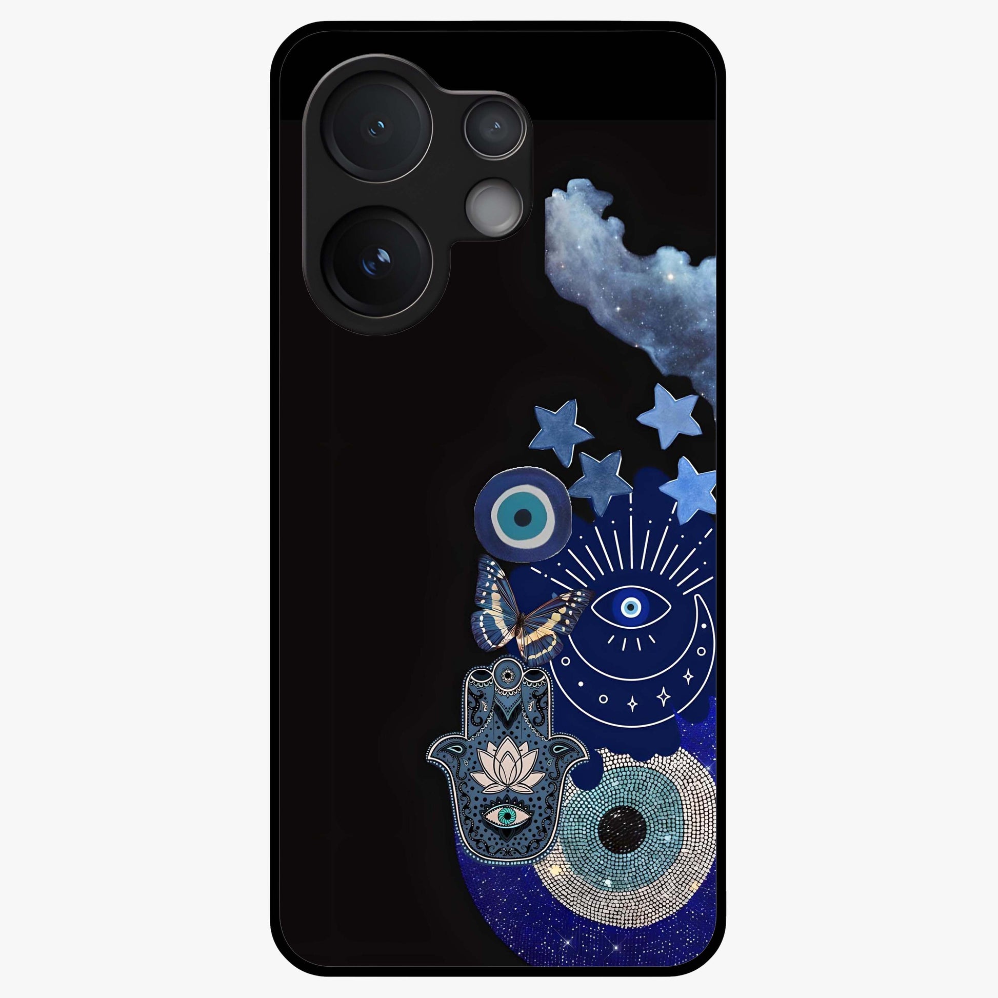 Galactic Charm Cluster Glass Case showing flat back view with glowing celestial charm artwork and glossy glass finish.