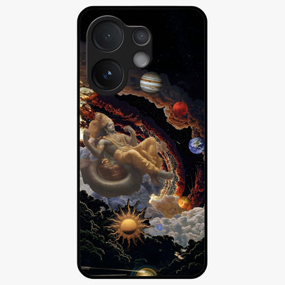 Galactic Divine God Glass Case showing flat back view with divine cosmic themed artwork and glossy glass finish.