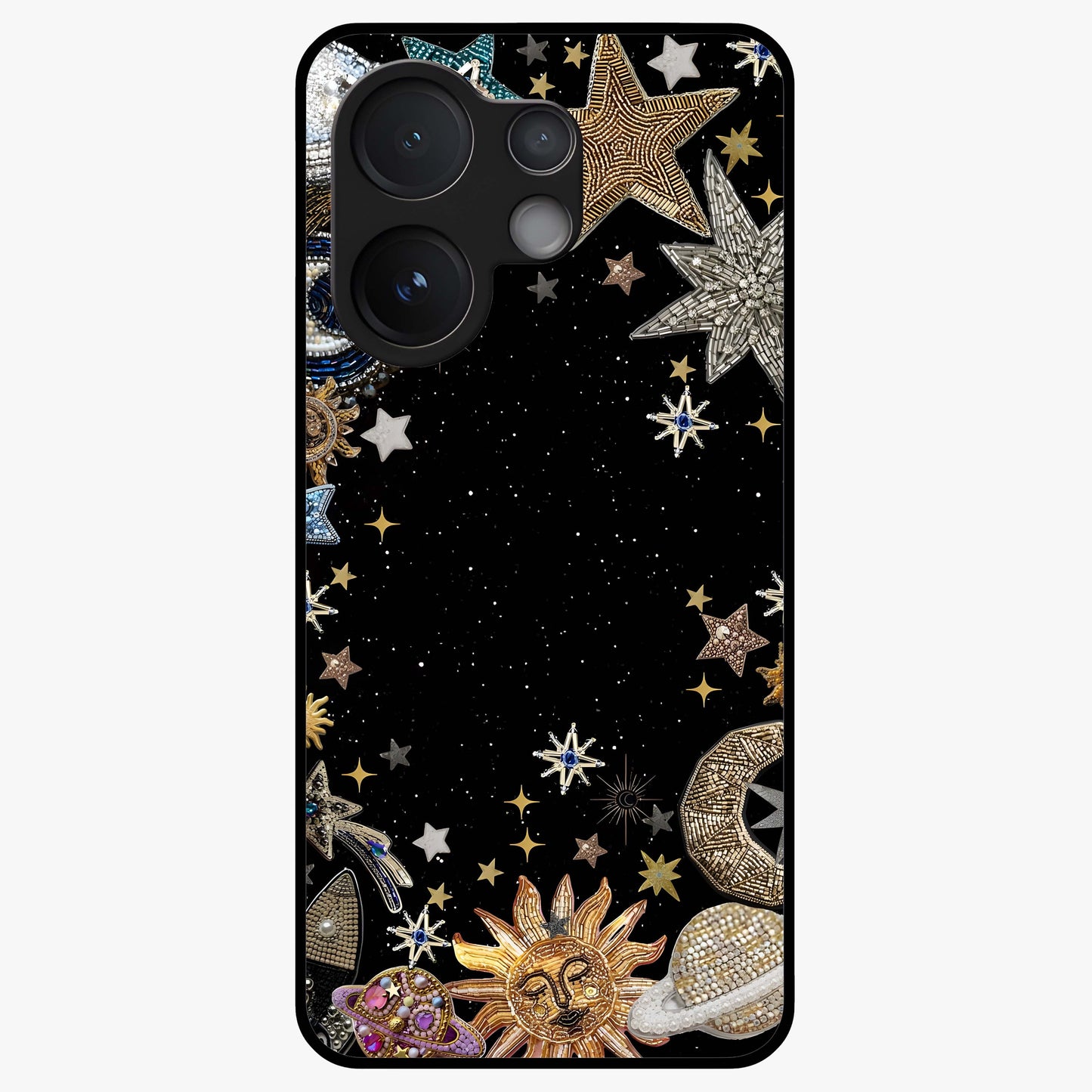 Galactic Jewel Stars Glass Case showing flat back view with sparkling star jewel artwork and glossy glass finish.