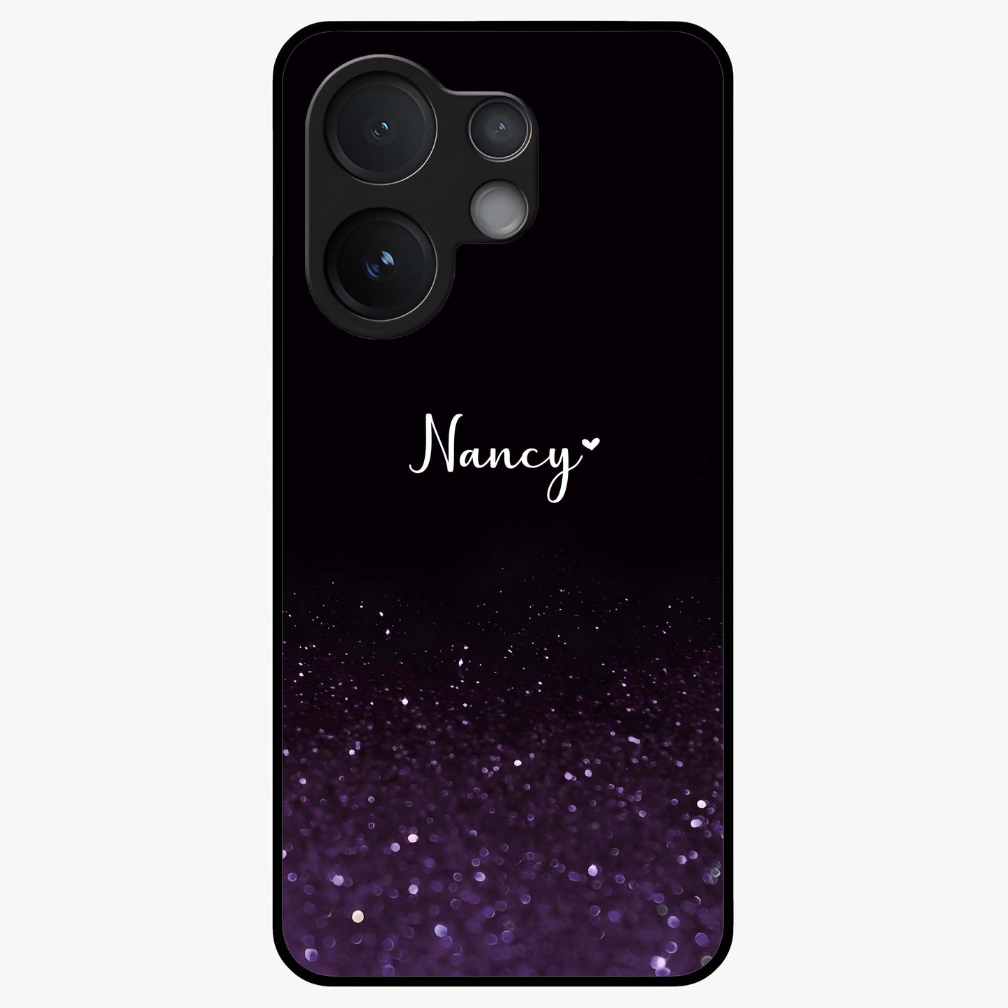 Glittery Purple Bokeh Custom Name Glass Case showing flat back view with purple bokeh sparkle artwork and personalized name design.