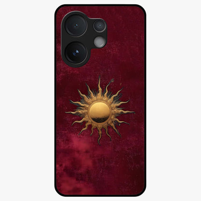 Gold Sun Blush Glass Case showing flat back view with golden sun inspired artwork and glossy glass finish.