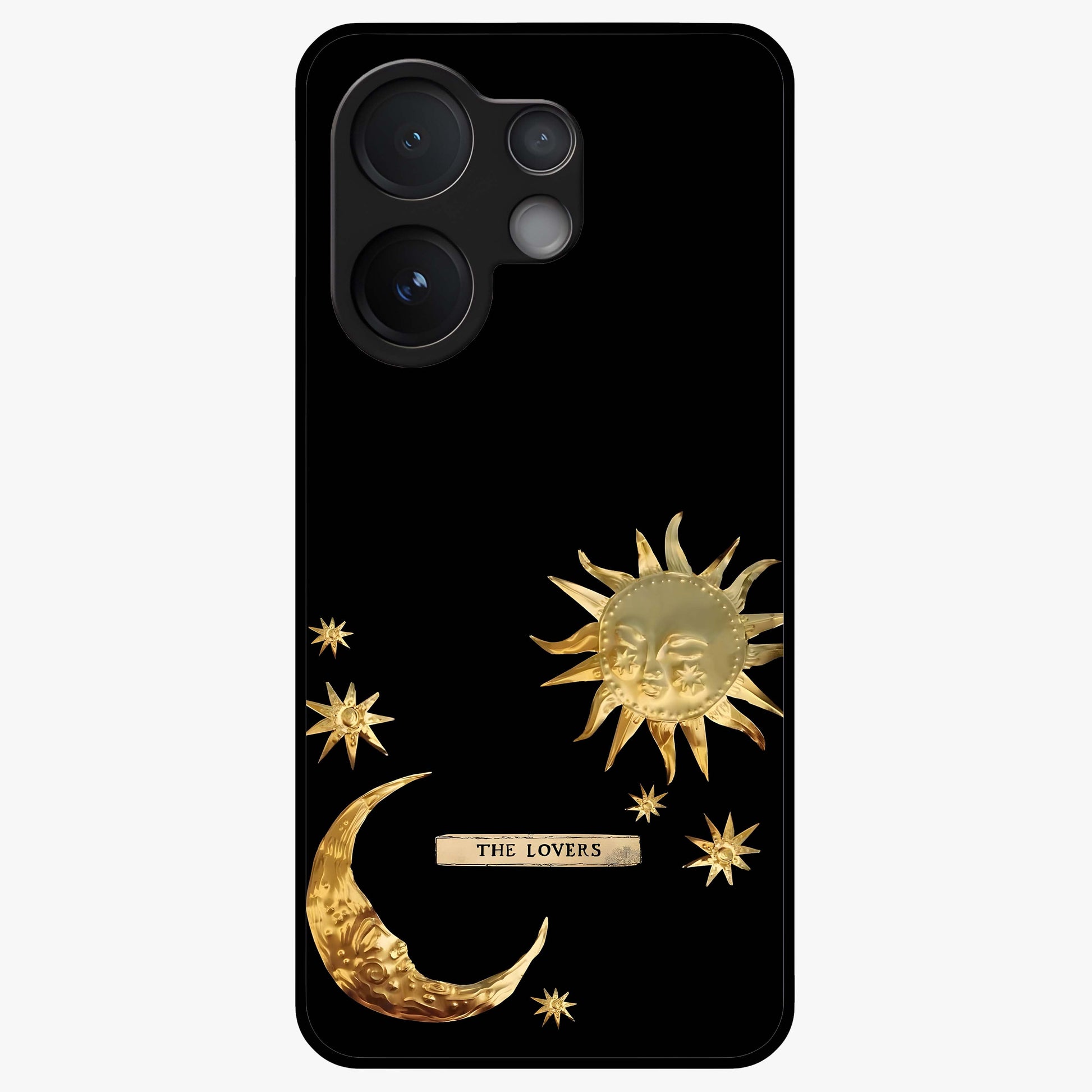 Golden Celestial Charm Glass Case showing flat back view with golden celestial charm artwork and glossy glass finish.