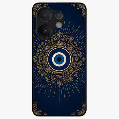 Golden Evil Eye Mandala Glass Case showing flat back view with intricate evil eye mandala artwork and glossy glass finish.