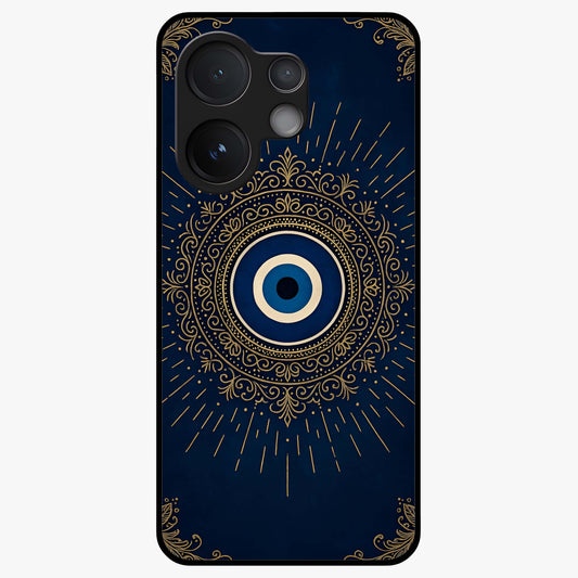 Golden Evil Eye Mandala Glass Case showing flat back view with intricate evil eye mandala artwork and glossy glass finish.