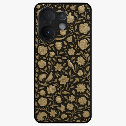 Golden Floral Majesty Glass Case showing flat back view with luxurious golden floral artwork and glossy glass finish.
