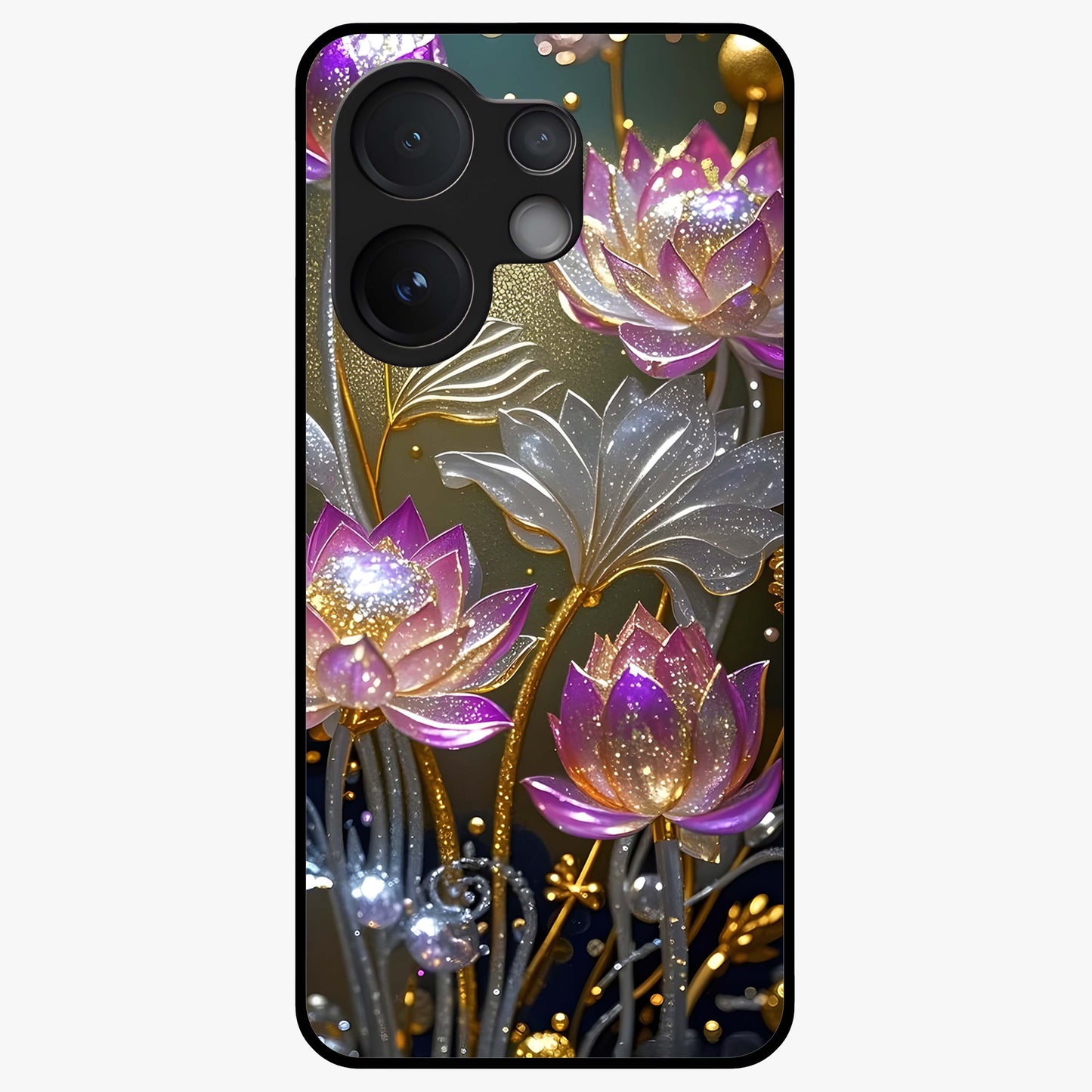 Golden Lotus Glow Glass Case showing flat back view with glowing lotus flower artwork and glossy glass finish.