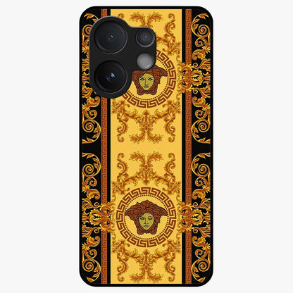 Golden Royal Heritage Glass Case showing flat back view with ornate royal pattern artwork and glossy glass finish.