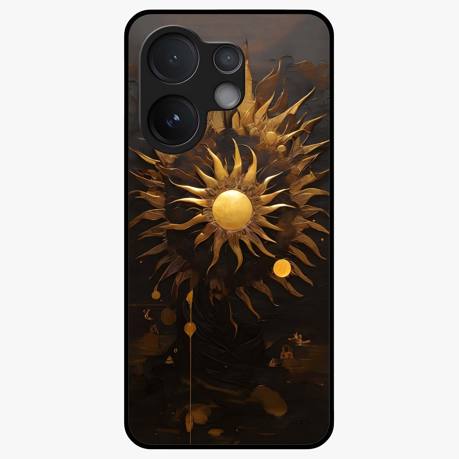 Golden Sun Majesty Glass Case showing flat back view with radiant golden sun artwork and glossy glass finish.