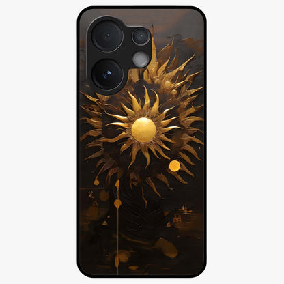 Golden Sun Majesty Glass Case showing flat back view with radiant golden sun artwork and glossy glass finish.