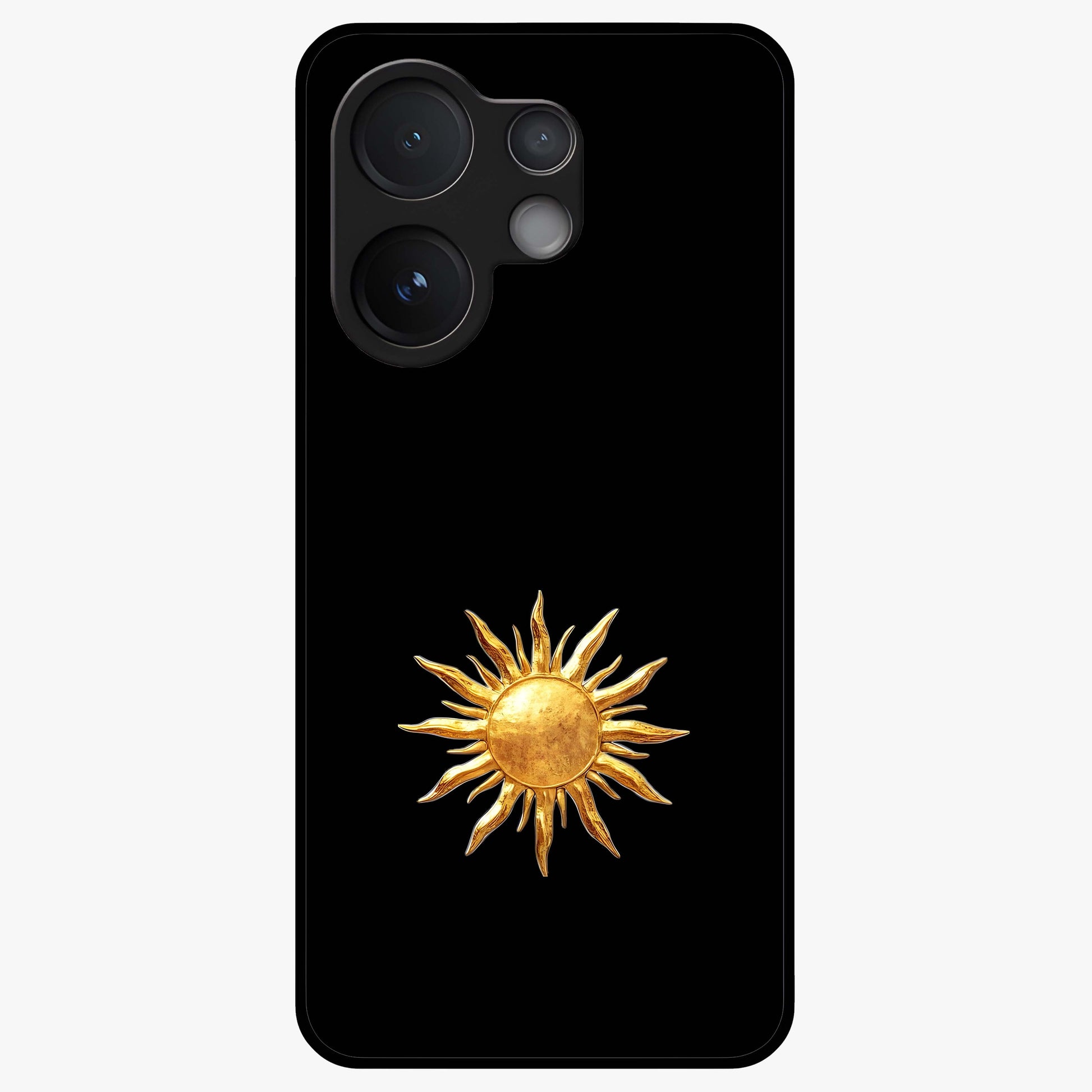 Golden Sun Minimalism Glass Case showing flat back view with minimal golden sun artwork and glossy glass finish.
