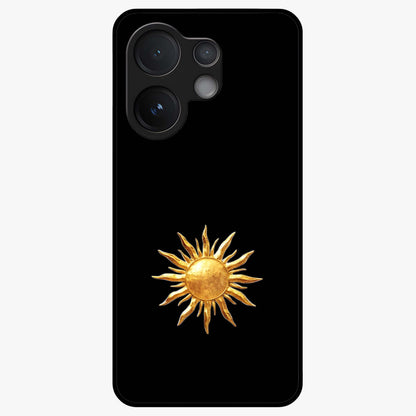 Golden Sun Minimalism Glass Case showing flat back view with minimal golden sun artwork and glossy glass finish.