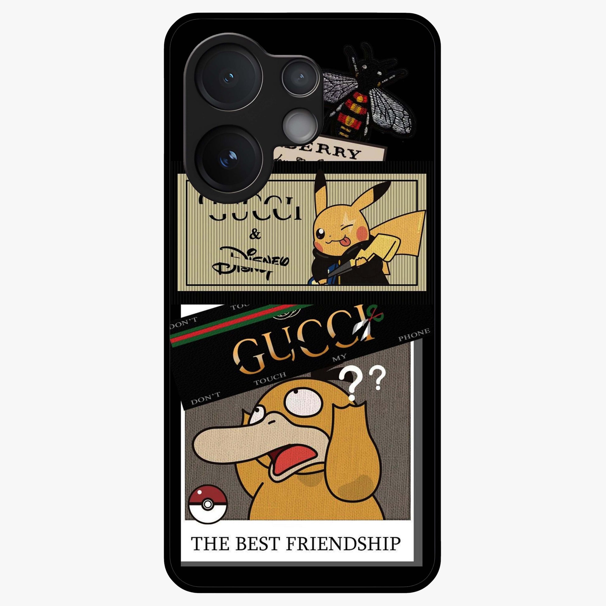 Gucci Play Mashup Glass Case showing flat back view with luxury inspired graphic artwork and glossy glass finish.