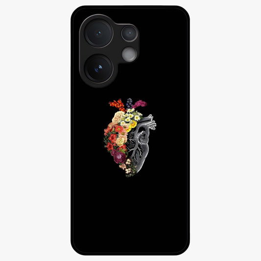 Heart With Flowers Glass Case showing flat back view with heart shaped floral artwork and glossy glass finish.