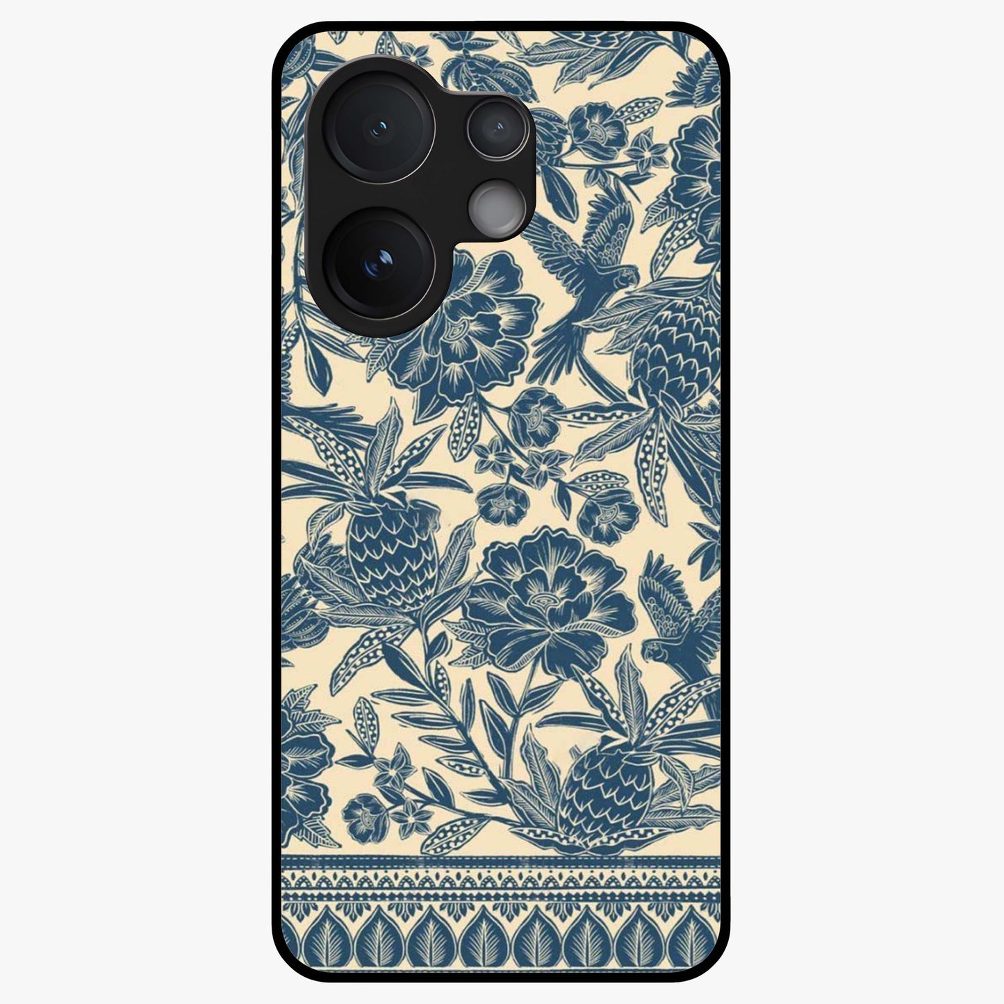 Heirloom Wild Bloom Glass Case showing flat back view with vintage inspired wild flower artwork and glossy glass finish.