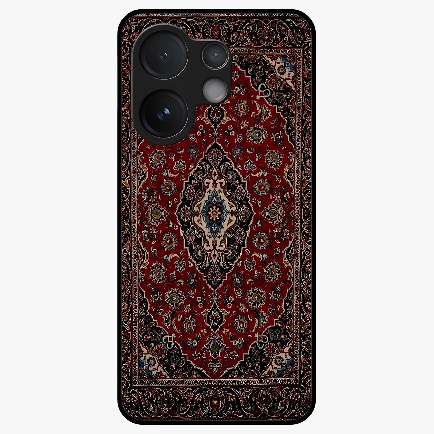 Heritage Carpet Royale Glass Case showing flat back view with ornate Persian carpet inspired pattern and glossy glass finish.