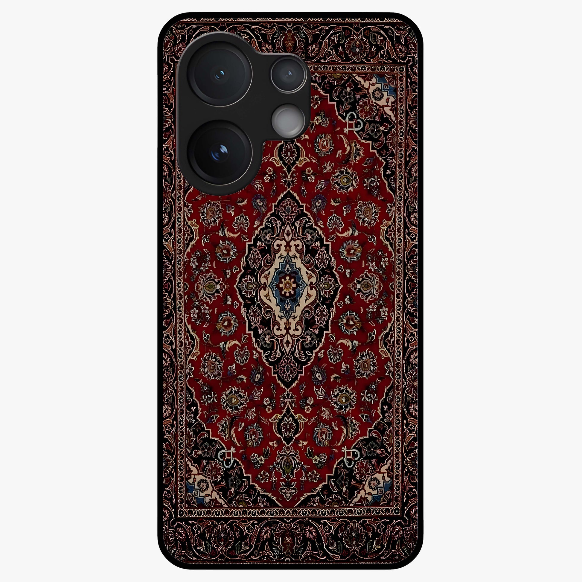 Heritage Carpet Royale Glass Case showing flat back view with ornate Persian carpet inspired pattern and glossy glass finish.