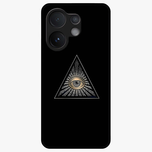 Illuminati Evil Glass Case showing flat back view with mysterious illuminati symbol artwork and glossy glass finish.