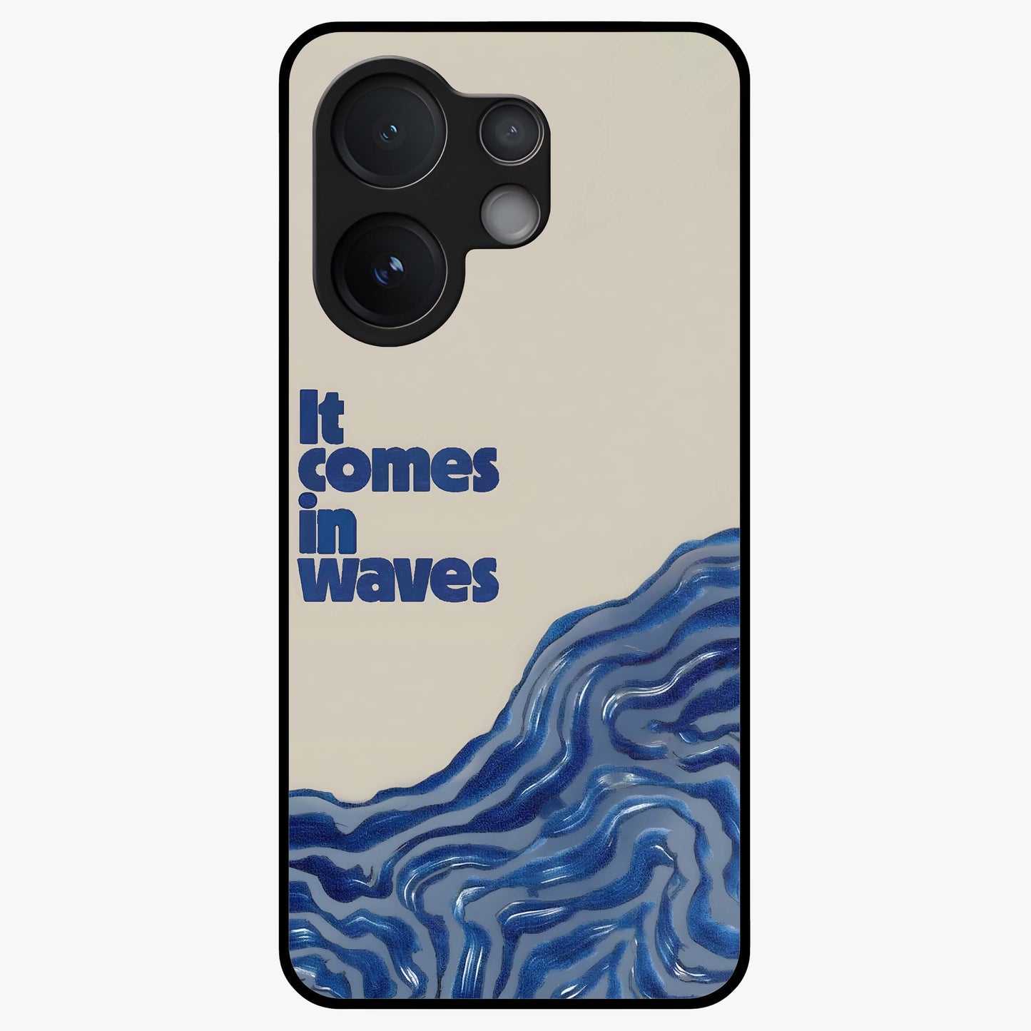 It Comes In Waves Quote Glass Case showing flat back view with inspirational wave themed quote artwork and glossy glass finish.
