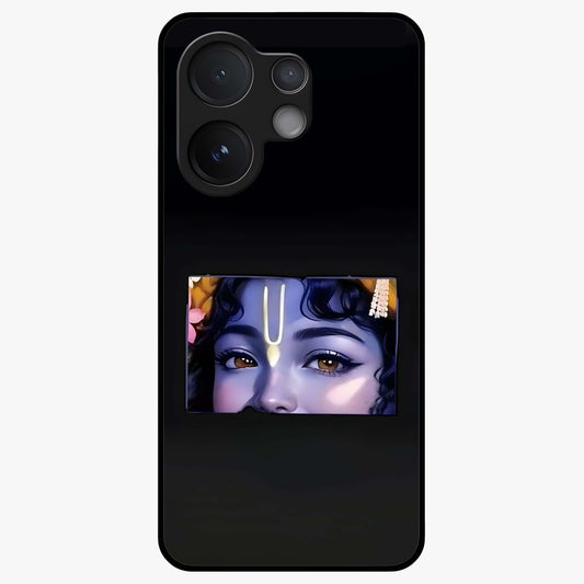 Krishna Divine Embrace Glass Case showing flat back view with Lord Krishna devotional artwork and glossy glass finish.
