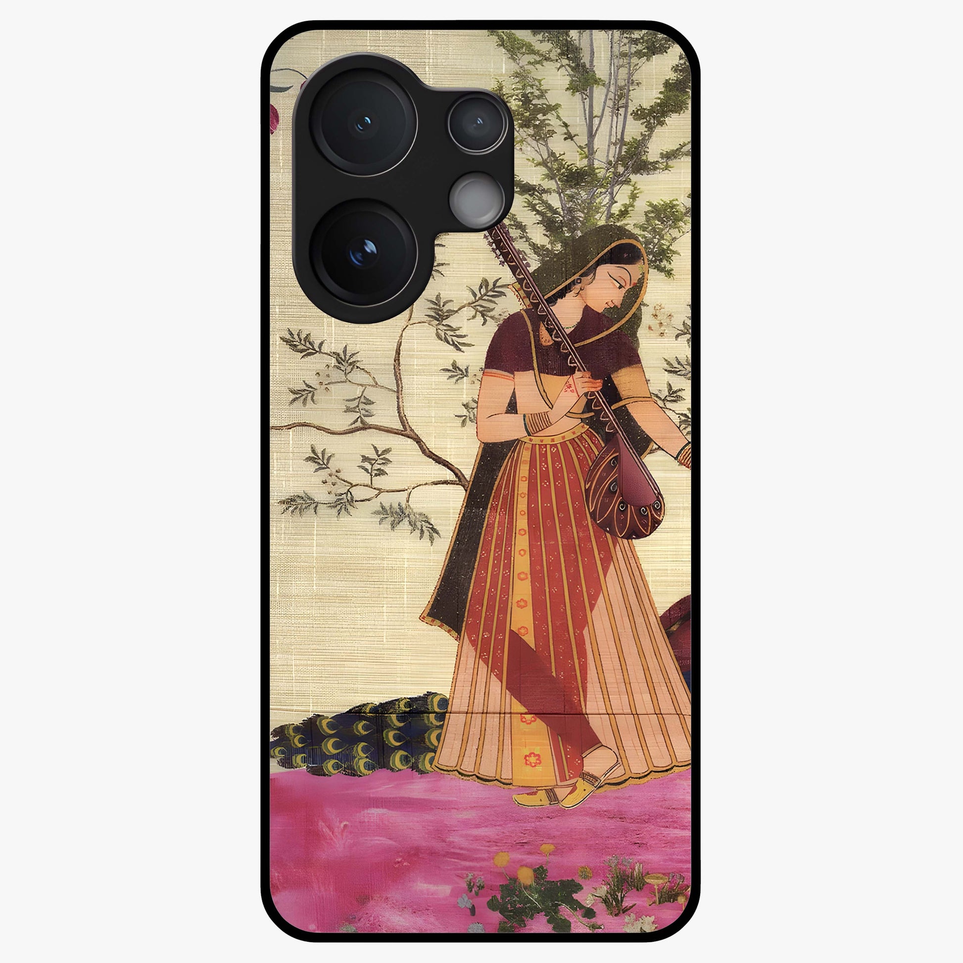 Lady With Veena Art Glass Case showing flat back view with elegant woman playing veena artwork and glossy glass finish.