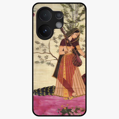 Lady With Veena Art Glass Case showing flat back view with elegant woman playing veena artwork and glossy glass finish.