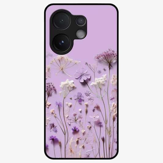 Lavender Blossom Dream Glass Case showing flat back view with soft lavender floral artwork and glossy glass finish.