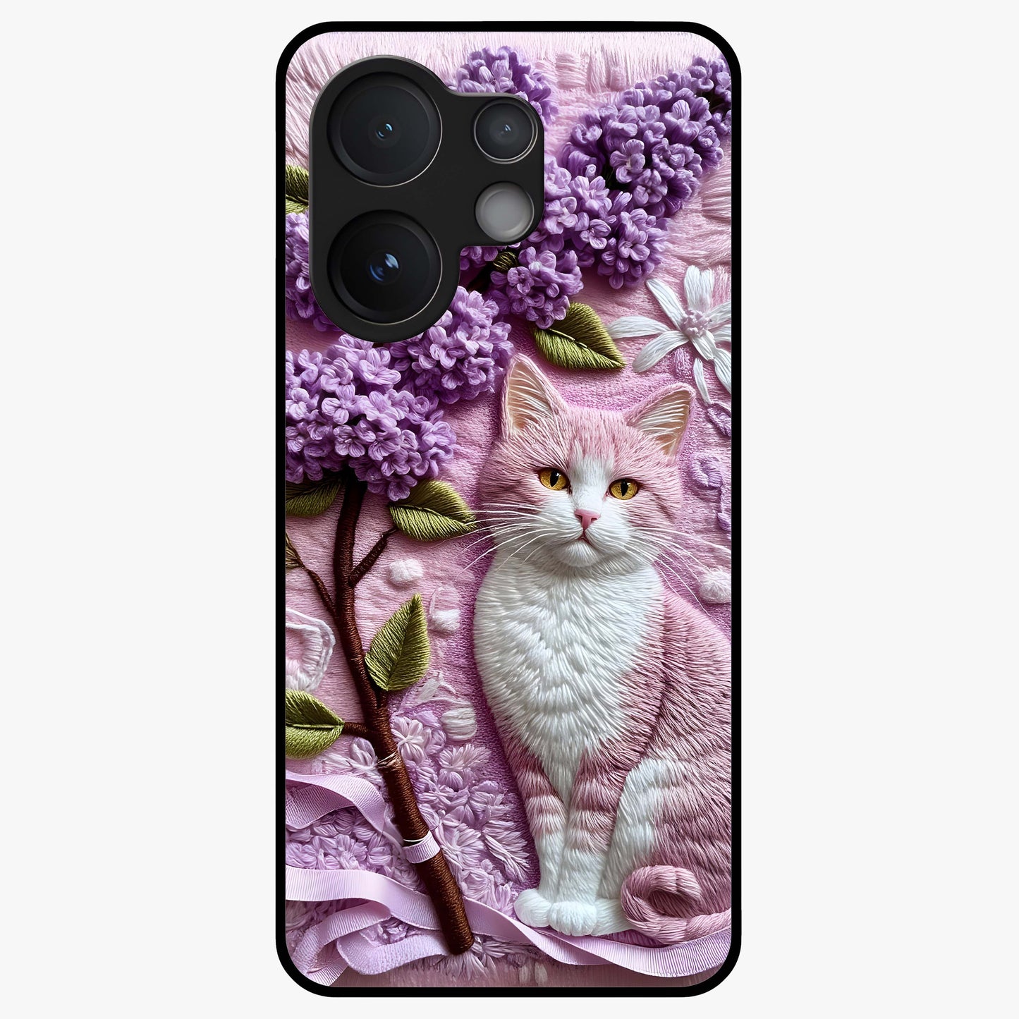 Lavender Cat Whimsy Glass Case showing flat back view with cute lavender cat artwork and glossy glass finish.