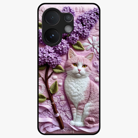 Lavender Cat Whimsy Glass Case showing flat back view with cute lavender cat artwork and glossy glass finish.