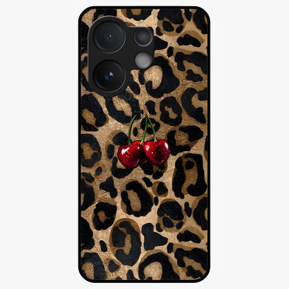 Leopard Wild Cherry Glass Case showing flat back view with leopard pattern and cherry artwork and glossy glass finish.