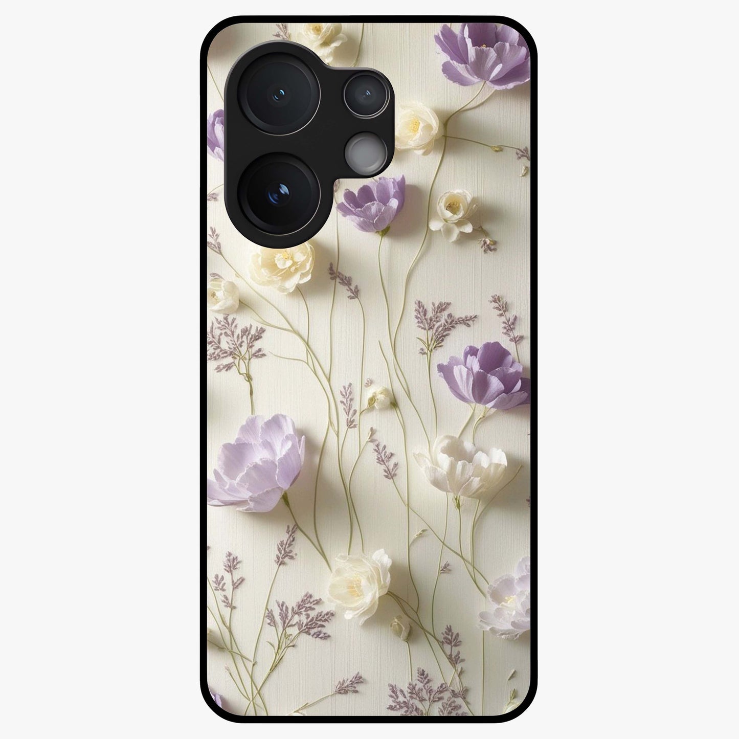 Lilac Breeze Harmony Glass Case showing flat back view with soft lilac themed artwork and glossy glass finish.