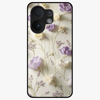 Lilac Breeze Harmony Glass Case showing flat back view with soft lilac themed artwork and glossy glass finish.