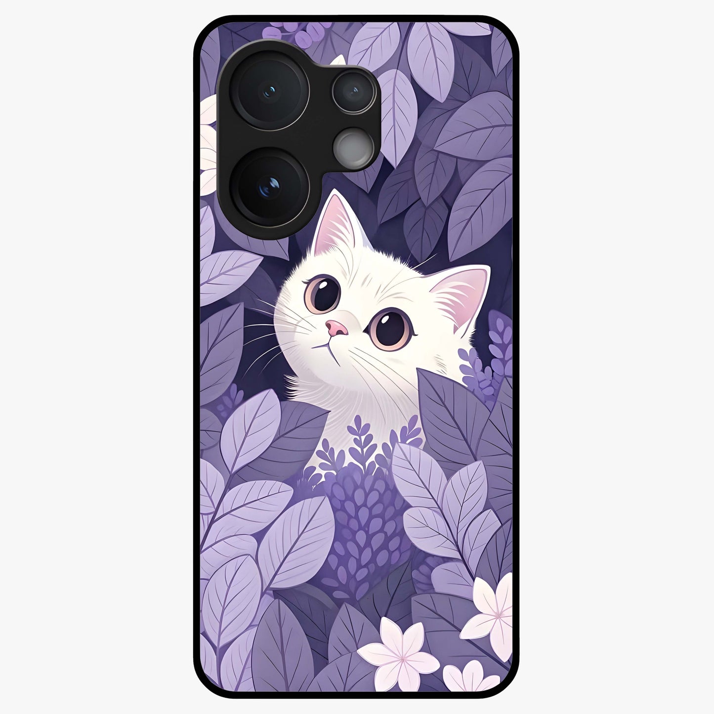 Lilac Hide Peek Cat Glass Case showing flat back view with cute peeking cat artwork and glossy glass finish.