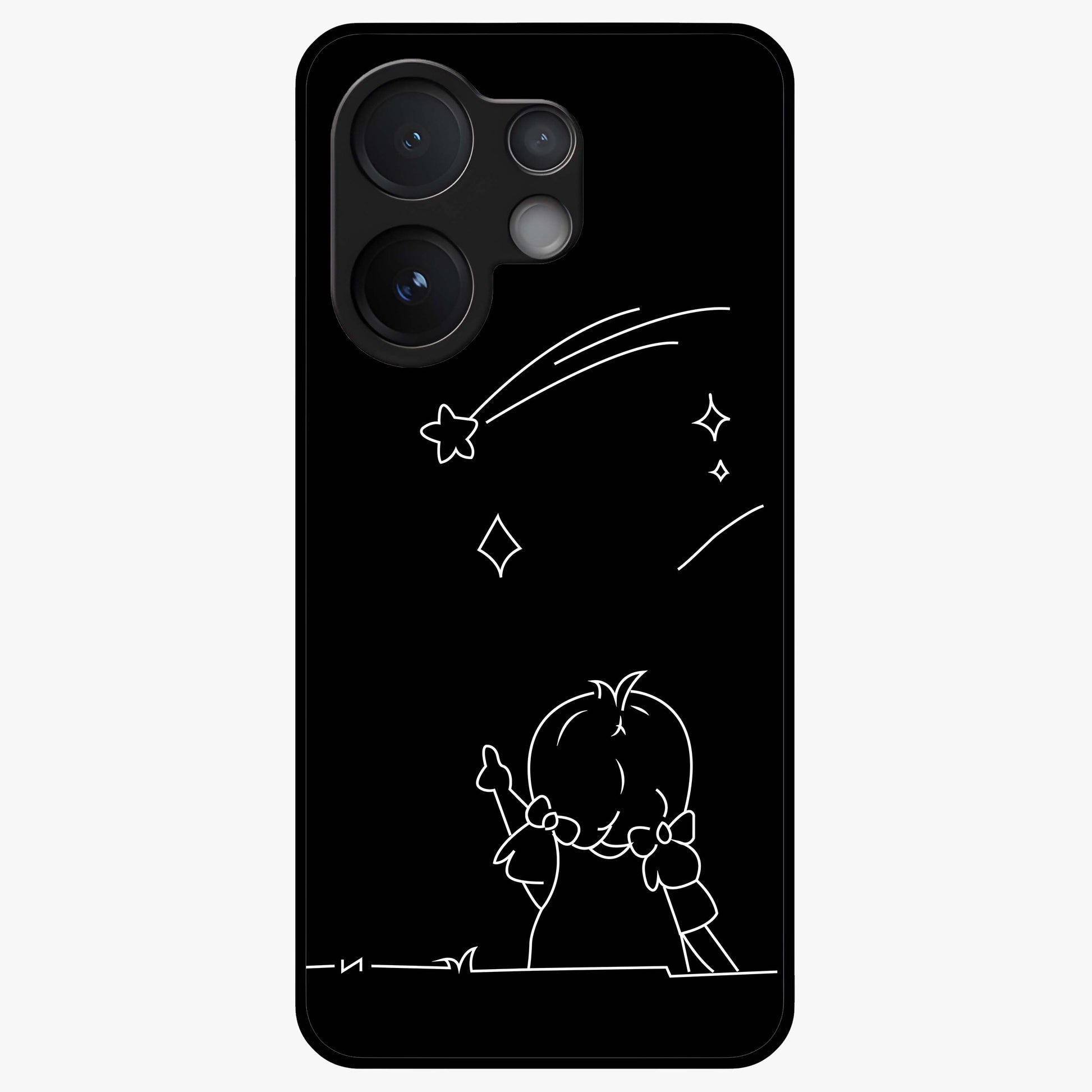 Line Art Girl With Shooting Stars Glass Case showing flat back view with minimal line art girl and shooting stars illustration and glossy glass finish.
