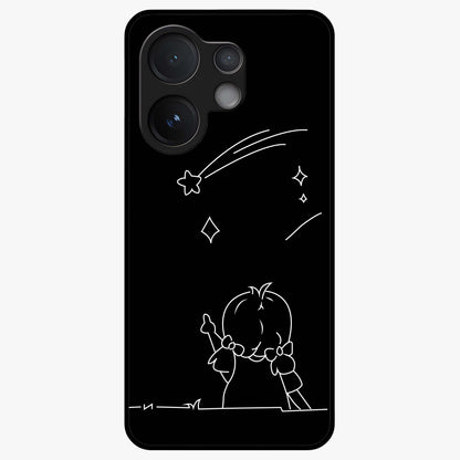 Line Art Girl With Shooting Stars Glass Case showing flat back view with minimal line art girl and shooting stars illustration and glossy glass finish.