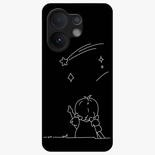 Line Art Girl With Shooting Stars Glass Case showing flat back view with minimal line art girl and shooting stars illustration and glossy glass finish.