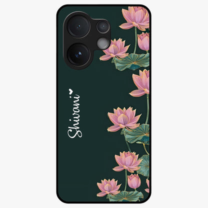 Lotus Bloom Serenity Custom Name Glass Case showing flat back view with elegant lotus flower artwork and personalized name design.