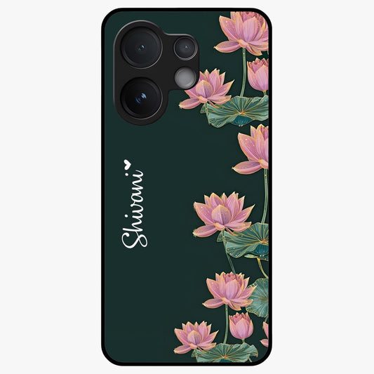 Lotus Bloom Serenity Custom Name Glass Case showing flat back view with elegant lotus flower artwork and personalized name design.