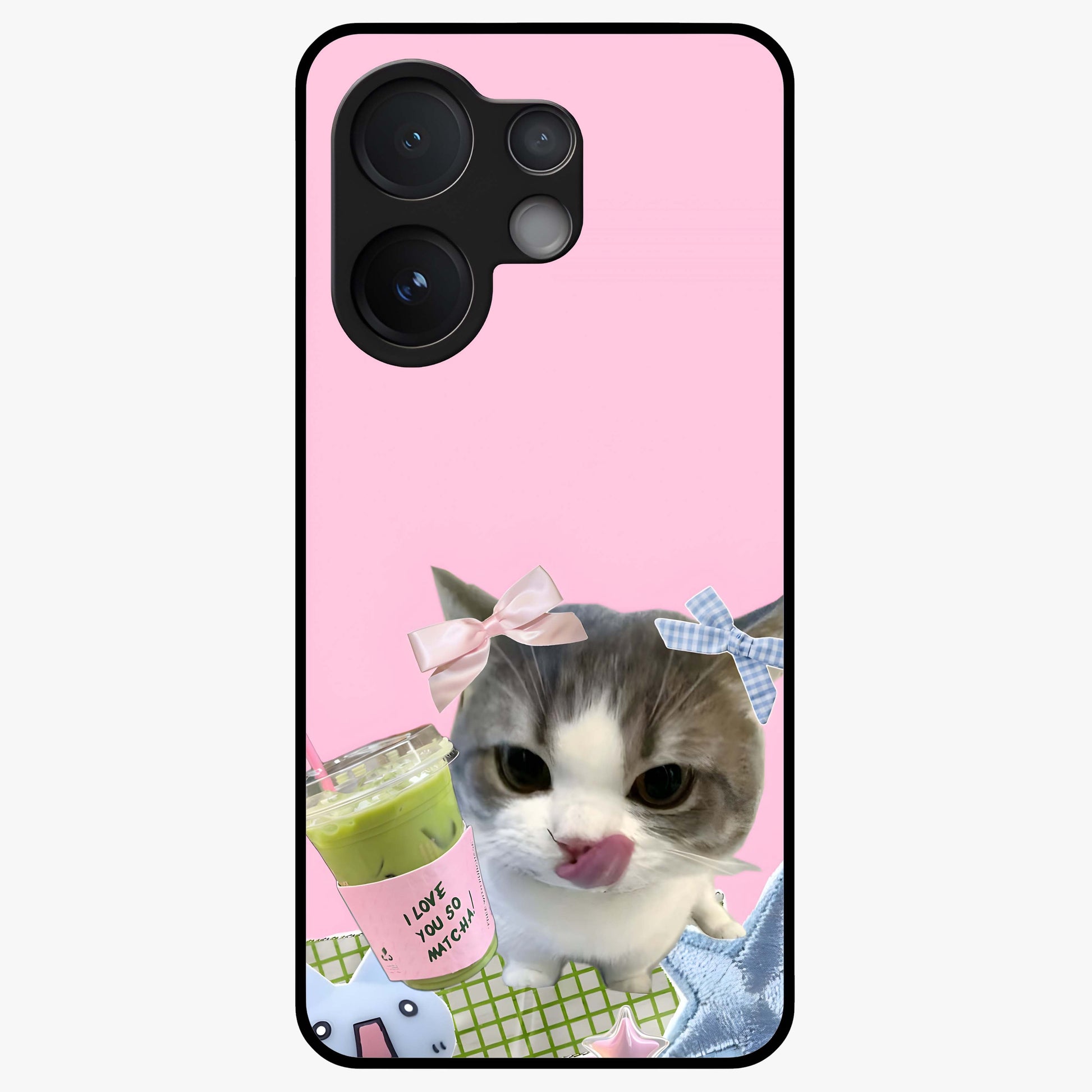 Love Matcha Cat Glass Case showing flat back view with cute cat and matcha themed artwork and glossy glass finish.