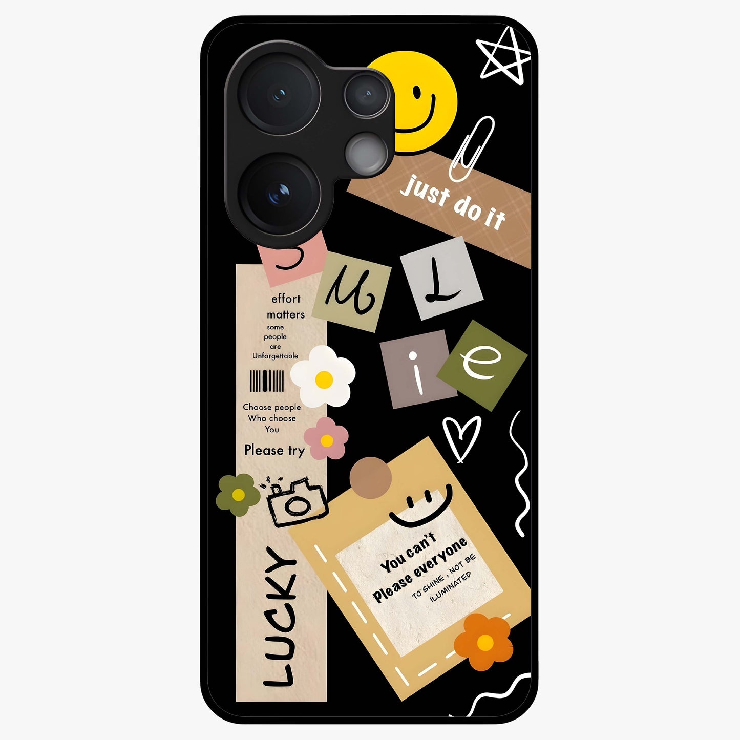 Lucky Aesthetic Collage Glass Case showing flat back view with trendy aesthetic collage artwork and glossy glass finish.
