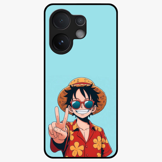 Luffy Summer Anime Vibe Glass Case showing flat back view with vibrant anime character artwork and glossy glass finish.